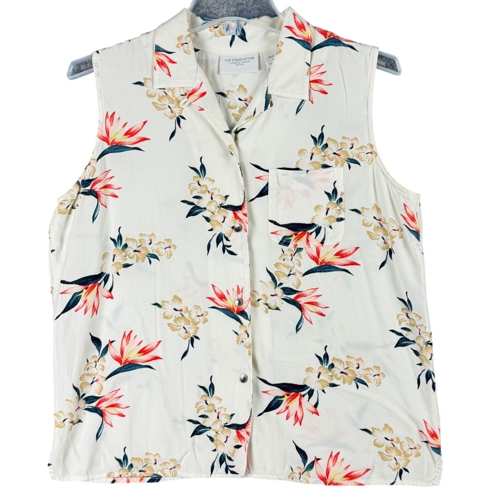 Liz Claiborne Lizwear Jeans Womens Petite M Tropical Floral Sleeveless Top Cream
